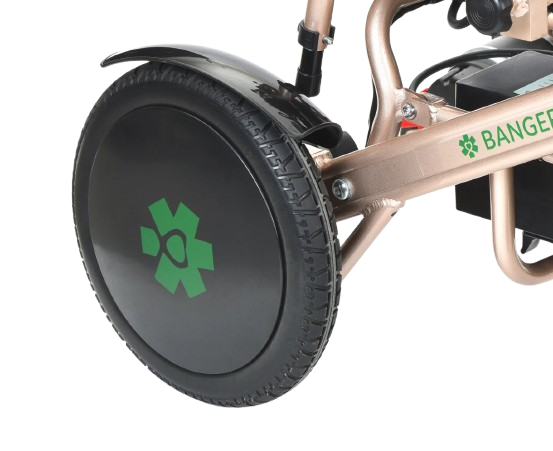 Close Up View Of The Bangeran Pegasus Cerebral Palsy Kids Electric Wheelchair Wheel In Green Color