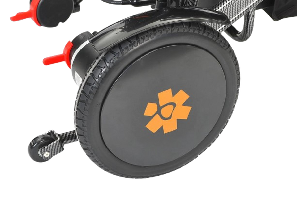 Close Up View Of The Bangeran Pegasus Cerebral Palsy Kids Electric Wheelchair Wheel In Orange Color