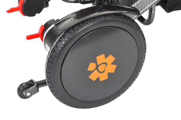 Close Up View Of The Bangeran Pegasus Cerebral Palsy Kids Electric Wheelchair Wheel In Orange Color