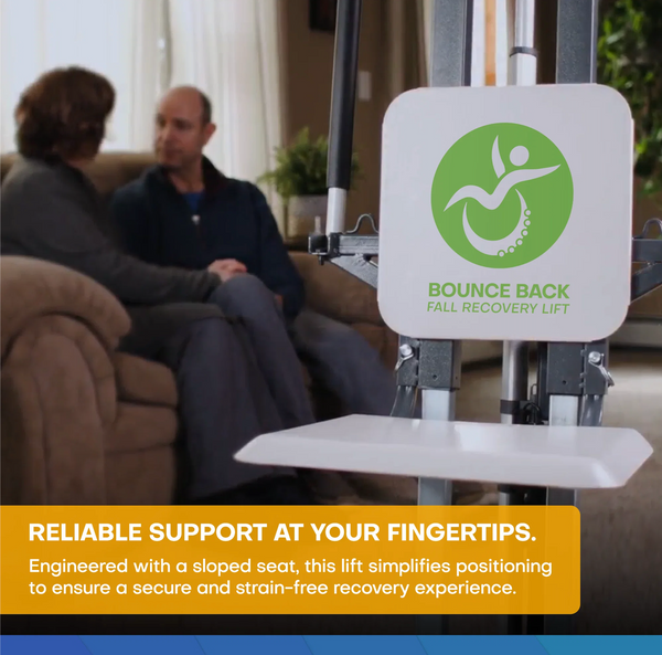 Close Up View Of The Bounce Back Fall Recovery Sit To Stand Patient Lift With A Couple Talking In The Background In A Home Setting