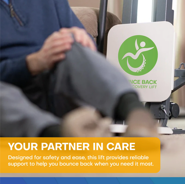 Close Up View Of The Bounce Back Fall Recovery Sit To Stand Patient Lift With Promotional Text