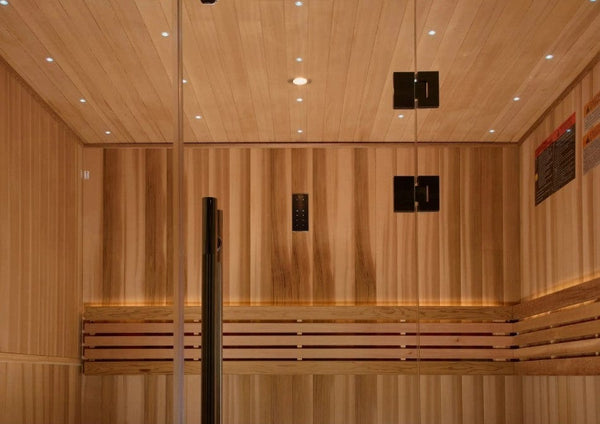 Close Up View Of The Ceiling Lights Inside The Golden Designs Copenhagen 3-Person Indoor Sauna | GDI-7389-02