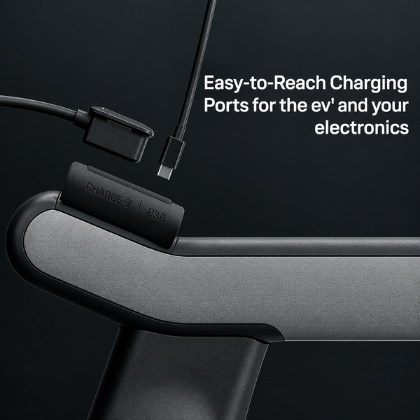 Close Up View Of The Charging Ports On The STRUTT ev1 Smart Electric Mobility Vehicle With Text_Easy-To-Reach Charging Ports For The ev1 And Your Electronics