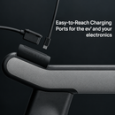 Close Up View Of The Charging Ports On The STRUTT ev1 Smart Electric Mobility Vehicle With Text_Easy-To-Reach Charging Ports For The ev1 And Your Electronics