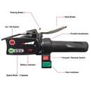 Close Up View Of The Control Handlebar For The SmartScoot Lightweight Travel Mobility Scooter Shown With Texts And Lines Indicating The Different Features