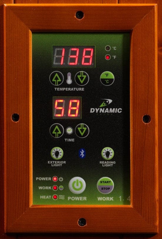 Close Up View Of The Control Panel For The Dynamic Heming 2-Person Low EMF FAR Infrared Indoor Corner Sauna | DYN-6225-02