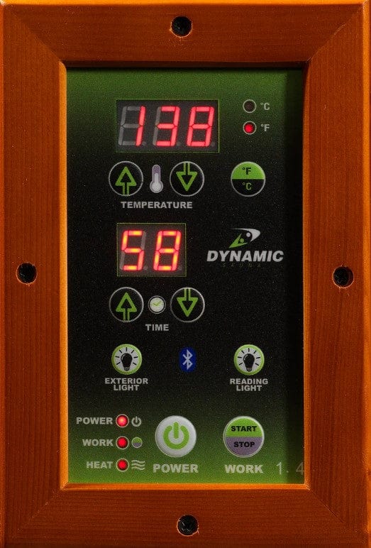 Close Up View Of The Control Panel For The Dynamic Heming Elite 2-Person Ultra Low EMF FAR Infrared Indoor Corner Sauna | DYN-6225-02 Elite