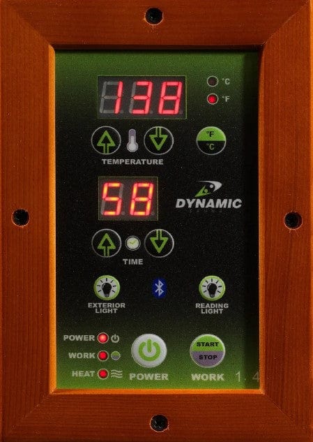 Close Up View Of The Control Panel For The Dynamic San Marino Elite 2-Person Ultra Low EMF FAR Infrared Indoor Sauna | DYN-6206-01 Elite