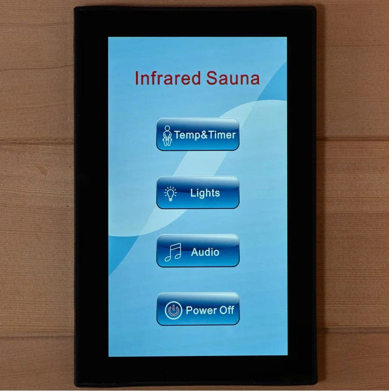 Close Up View Of The Control Panel For The Golden Designs Reserve Edition 3-Person Full Spectrum EMF Corner Indoor Sauna With Himalayan Salt Bar | GDI-8035-03