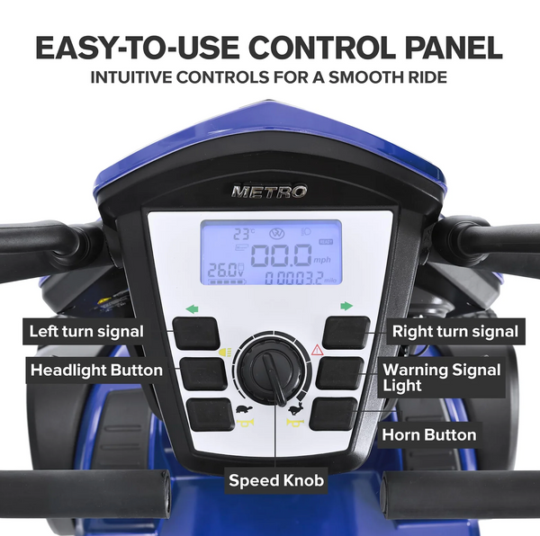 Close Up View Of The Control Panel For The Metro Mobility S500 4-Wheel Mobility Scooter Shown In Blue Color