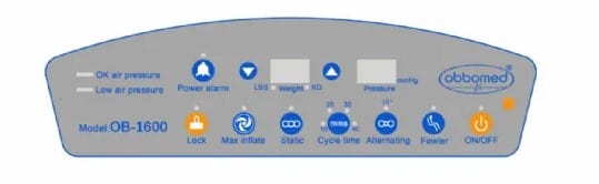 Close Up View Of The Control Panel For The ObboMed OB-1600 Low Air Loss Alternating Pressure Mattress with Lateral Rotation