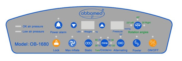 Close Up View Of The Control Panel For The ObboMed OB-1680 StandardAir Alternating Pressure Mattress with Low Air Loss