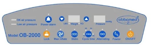 Close Up View Of The Control Panel For The ObboMed OB-2000 StandardAir Alternating Pressure Low Air Loss Mattress