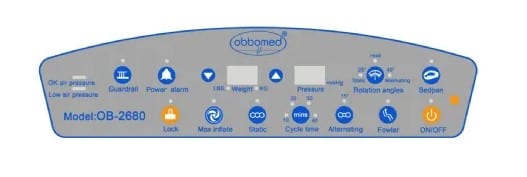 Close Up View Of The Control Panel For The ObboMed OB-2680 PremiumAir Low Air Loss Mattress with Inflatable Guardrails