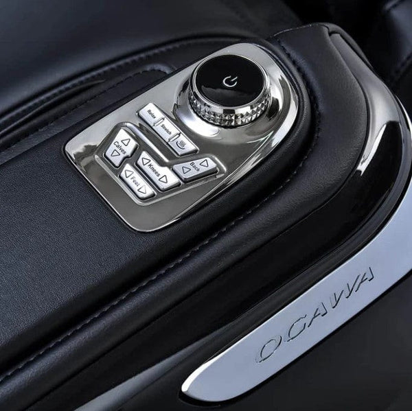 Close Up View Of The Controls On The Armrest Of The Ogawa Master Drive AI 2.0 Massage Chair | OG-8801 Shown In The Black Color