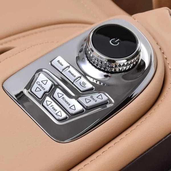 Close Up View Of The Controls On The Armrest Of The Ogawa Master Drive AI 2.0 Massage Chair | OG-8801 Shown In The Dark Brown And Sand Color