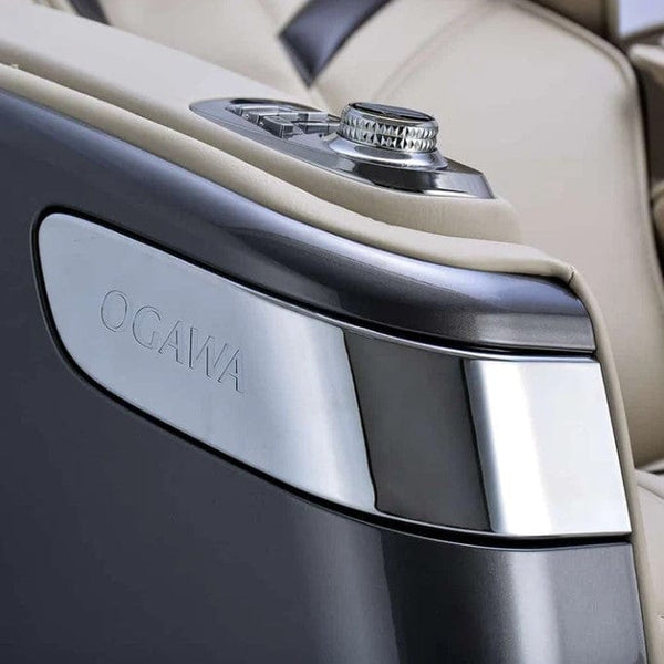 Close Up View Of The Controls On The Armrest Of The Ogawa Master Drive AI 2.0 Massage Chair | OG-8801 Shown In The Gun Metal And Ivory Color