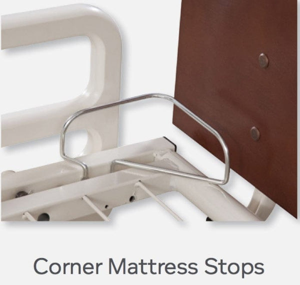 Close Up View Of The Corner Mattress Stops Of The Joerns UltraCare® XT AdvanceCare Hi-Low Adjustable Bed