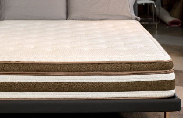 Close Up View Of The Corner Of The Eurolux Lux By Naturalia: The 6-Layer Luxury Mattress Crafted By Masters Shown On A Bed Frame In A Showroom Setting