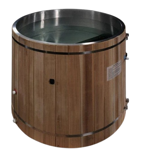 Close Up View Of The Dynamic Cedar Cold Plunge Barrel Shown With Stainless Steel Material