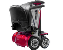 Vista de cerca del scooter de movilidad de plegado automático Enhance Mobility Transformer 2 en posición plegada, en color rojo