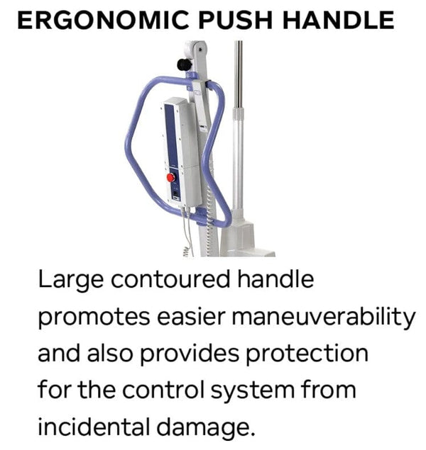 Close Up View Of The Ergonomic Push Handles For The Joerns Hoyer Advance-E Portable Electric Professional Patient Lift