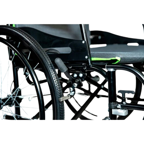 Close Up View Of The Feather Heavy Duty Wheelchair With A Focus On The Wheel And Frame 