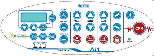 Close Up View Of The Footboard Control Buttons For The Prius Ai1 Premium All-in-One MedSurge Expandable Low Bed