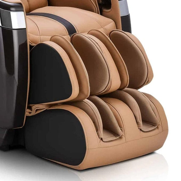 Close Up View Of The Footrest Of The Ogawa Master Drive AI 2.0 Massage Chair | OG-8801 Shown In The Upright Chair Position In The Dark Brown And Sand Color