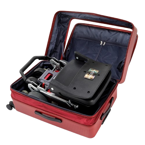 Close Up View Of The FreeRiderUSA Luggie Suitcase Shown In The Flat Opened Position In The Red Color