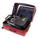 Close Up View Of The FreeRiderUSA Luggie Suitcase Shown In The Flat Opened Position In The Red Color