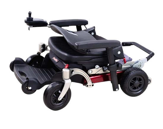 Close Up View Of The FreeRiderUSA Luggie Travel Power Wheelchair Shown In The Folded Position
