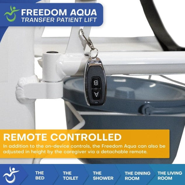 Close Up View Of The Freedom Aqua Shower Patient Transfer Lift Showing Its Remote Control