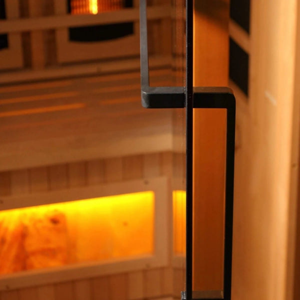 Close Up View Of The Glass Door For The Golden Designs Reserve Edition 1 Person Full Spectrum EMF Indoor Sauna With Himalayan Salt Bar | GDI-8010-03