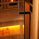 Close Up View Of The Glass Door For The Golden Designs Reserve Edition 4-Person Full Spectrum EMF Indoor Sauna With Himalayan Salt Bar | GDI-8040-03