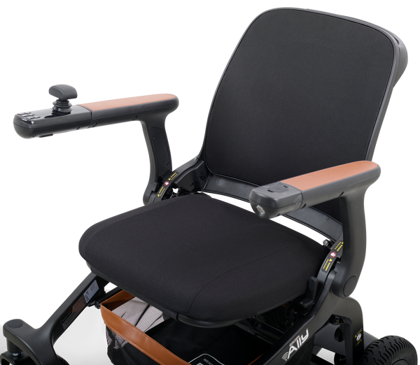 Close Up View Of The Golden Technologies Ally Electric Wheelchair Seat Shown In Black Color