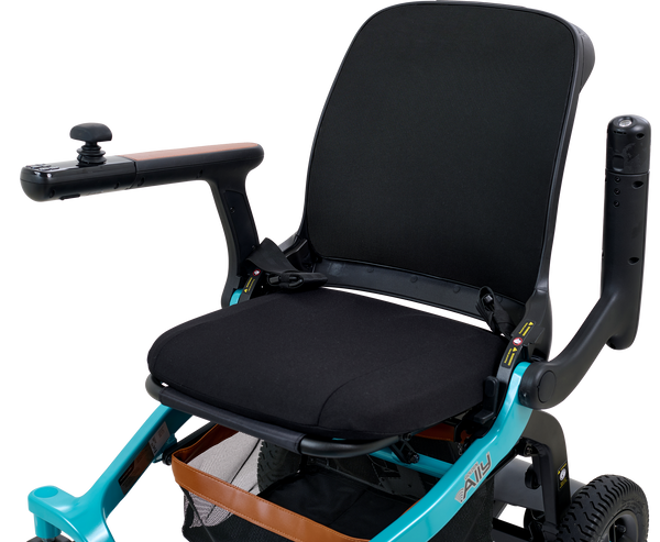 Close Up View Of The Golden Technologies Ally Electric Wheelchair Seat With Armrest In The Adjusted Position Shown In Teal Color