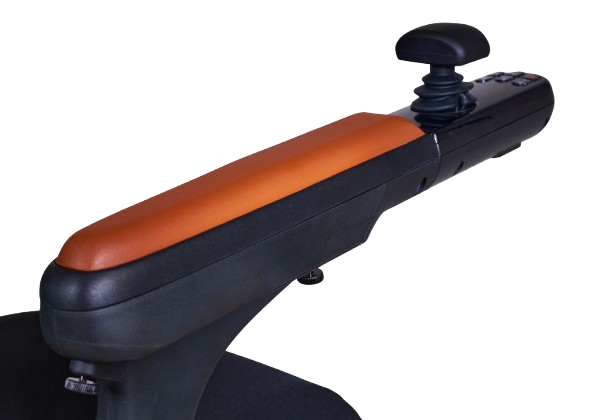 Close Up View Of The Golden Technologies Ally Pro Omnidirectional Electric Wheelchair Armrest And Joystick