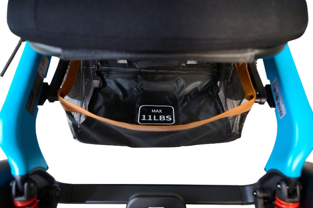 Close Up View Of The Golden Technologies Ally Pro Omnidirectional Electric Wheelchair 11 Pound Under Seat Storage Compartment Capacity Shown In Teal Color