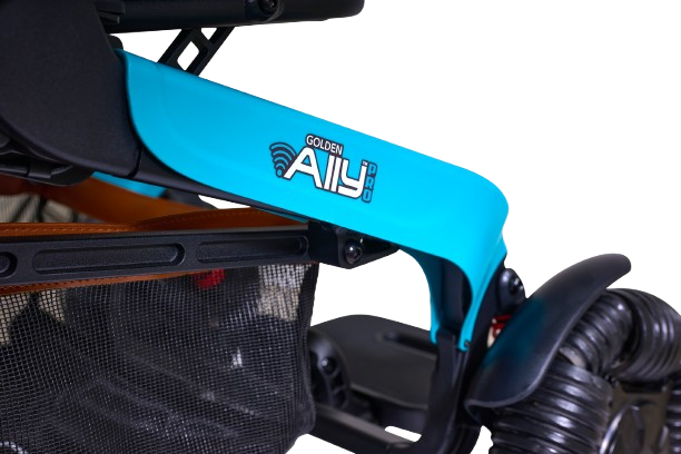 Close Up View Of The Golden Technologies Ally Pro Omnidirectional Electric Wheelchair Frame Shown In Teal Color With Golden Ally Pro Branding Text
