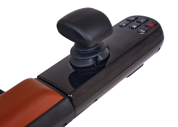 Close Up View Of The Golden Technologies Ally Pro Omnidirectional Electric Wheelchair Joystick And Operational Buttons