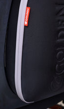 Close Up View Of The Golden Technologies Ally Pro Omnidirectional Electric Wheelchair Rear Storage Compartment Zipper And Golden Logo Branding