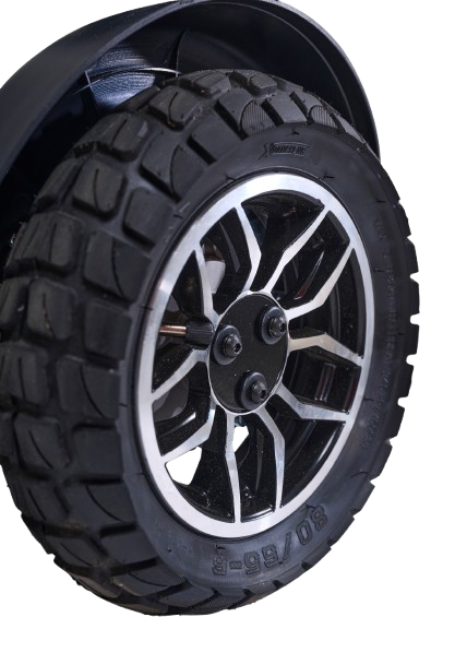 Close Up View Of The Golden Technologies Ally Sport Omnidirectional Electric Wheelchair Rear Wheel