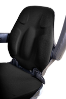 Close Up View Of The Golden Technologies Ally Sport Omnidirectional Electric Wheelchair Seat With Adjusted Armrest Shown In Carbon Fiber Color 