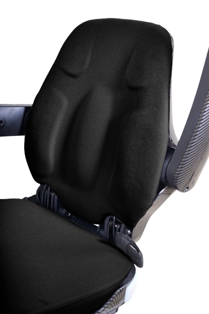 Close Up View Of The Golden Technologies Ally Sport Omnidirectional Electric Wheelchair Seat With Adjusted Armrest Shown In Carbon Fiber Color 
