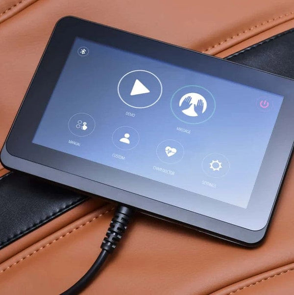 Close Up View Of The Handheld Control Panel On The Ogawa Master Drive AI 2.0 Massage Chair | OG-8801 Shown In The Emerald And Cappuccino Color