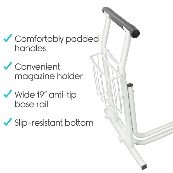 Close Up View Of The Handle And Magazine Holder For The Vive Health Stand Alone Toilet Rail With Text Highlighting Its Features