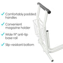 Close Up View Of The Handle And Magazine Holder For The Vive Health Stand Alone Toilet Rail With Text Highlighting Its Features