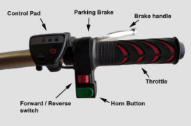 Close Up View Of The Handlebar For The HandyScoot Lightweight Travel Mobility Scooter Shown With Descriptive Text And Arrows