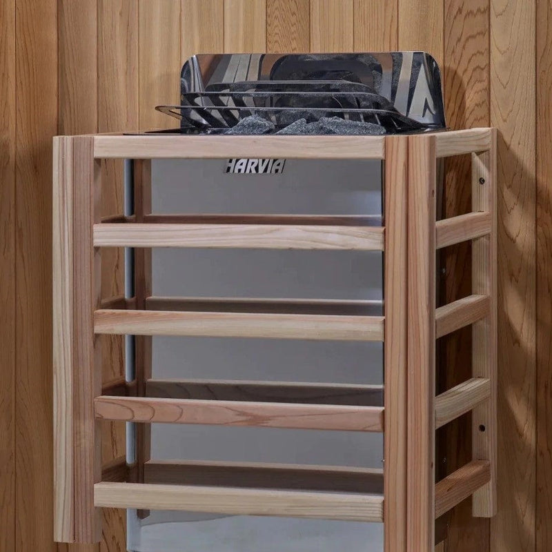 Close Up View Of The Harvia Heater In The Golden Designs Loviisa 3-Person Hybrid Outdoor Sauna | GDI-8523-01